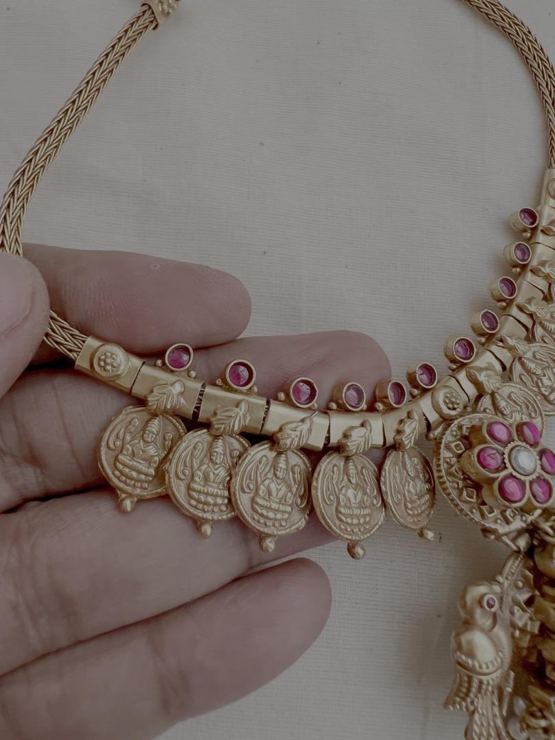 Gold polish kundan, ruby and emerald pendant with kasumala-Silver Neckpiece-CI-House of Taamara