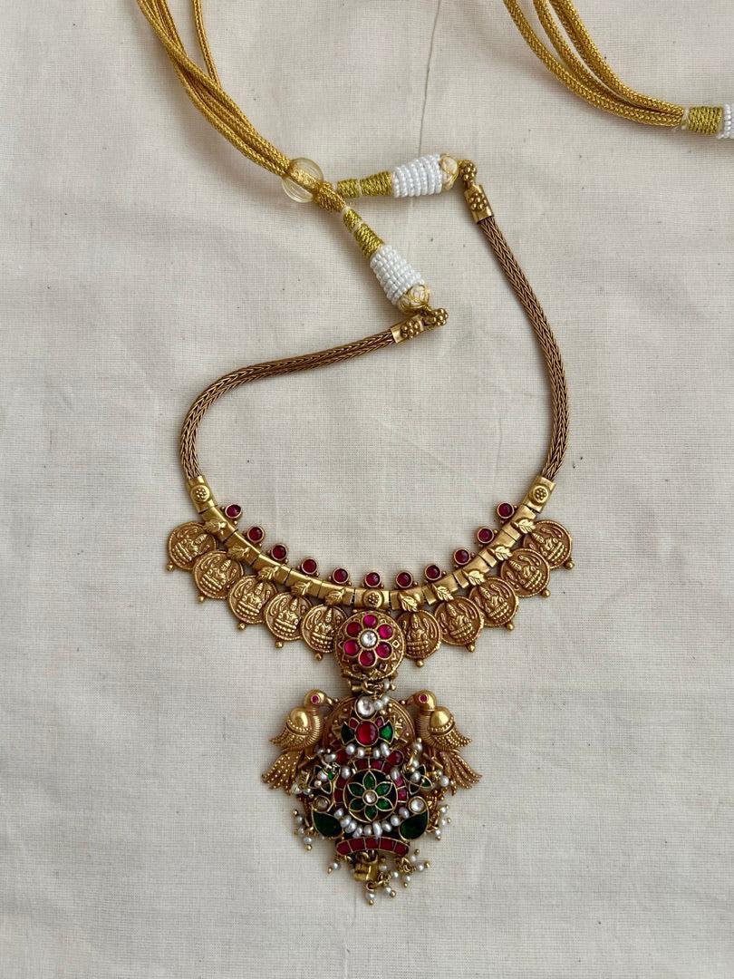 Gold polish kundan, ruby and emerald pendant with kasumala-Silver Neckpiece-CI-House of Taamara