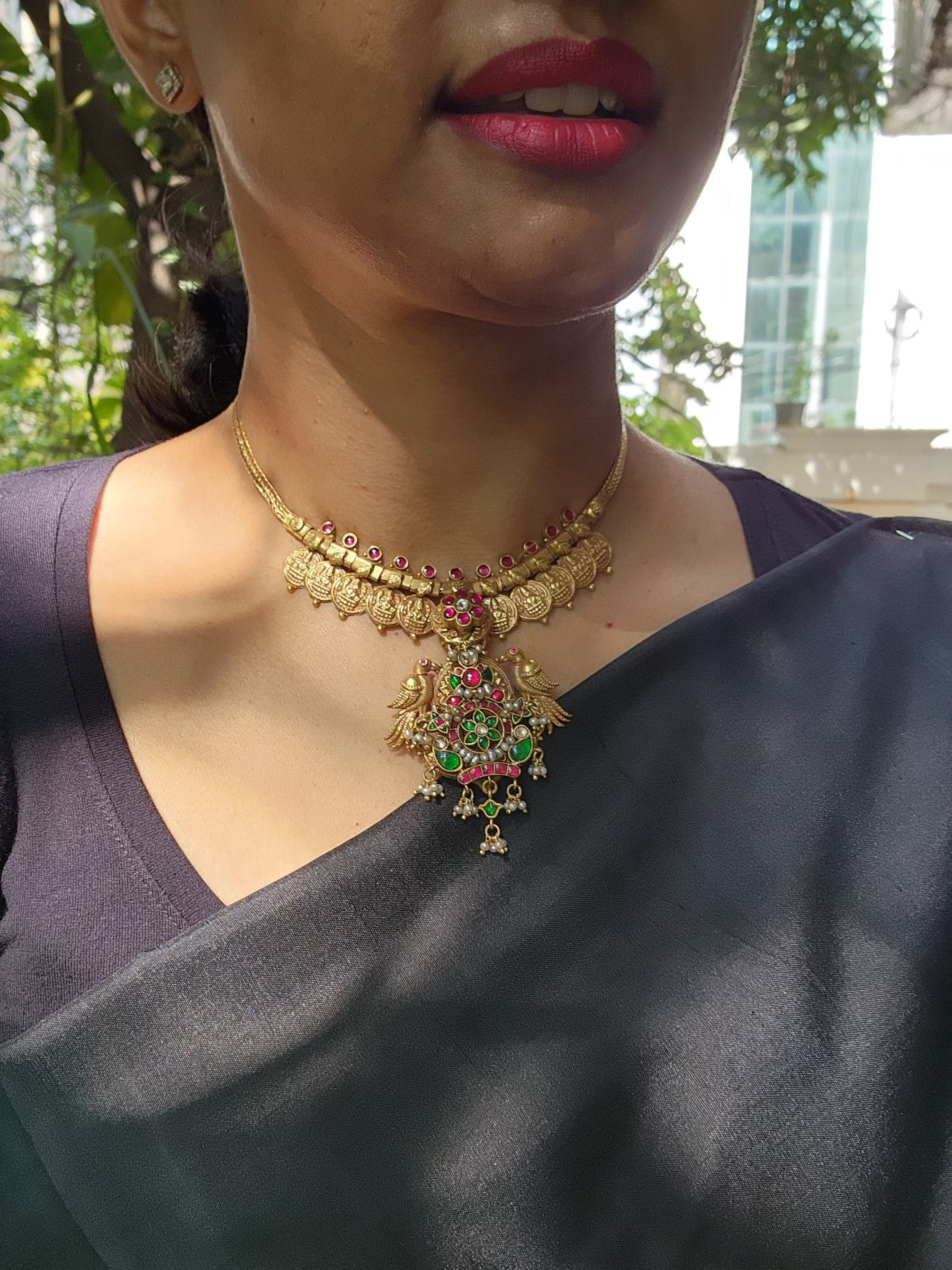 Gold polish kundan, ruby and emerald pendant with kasumala-Silver Neckpiece-CI-House of Taamara
