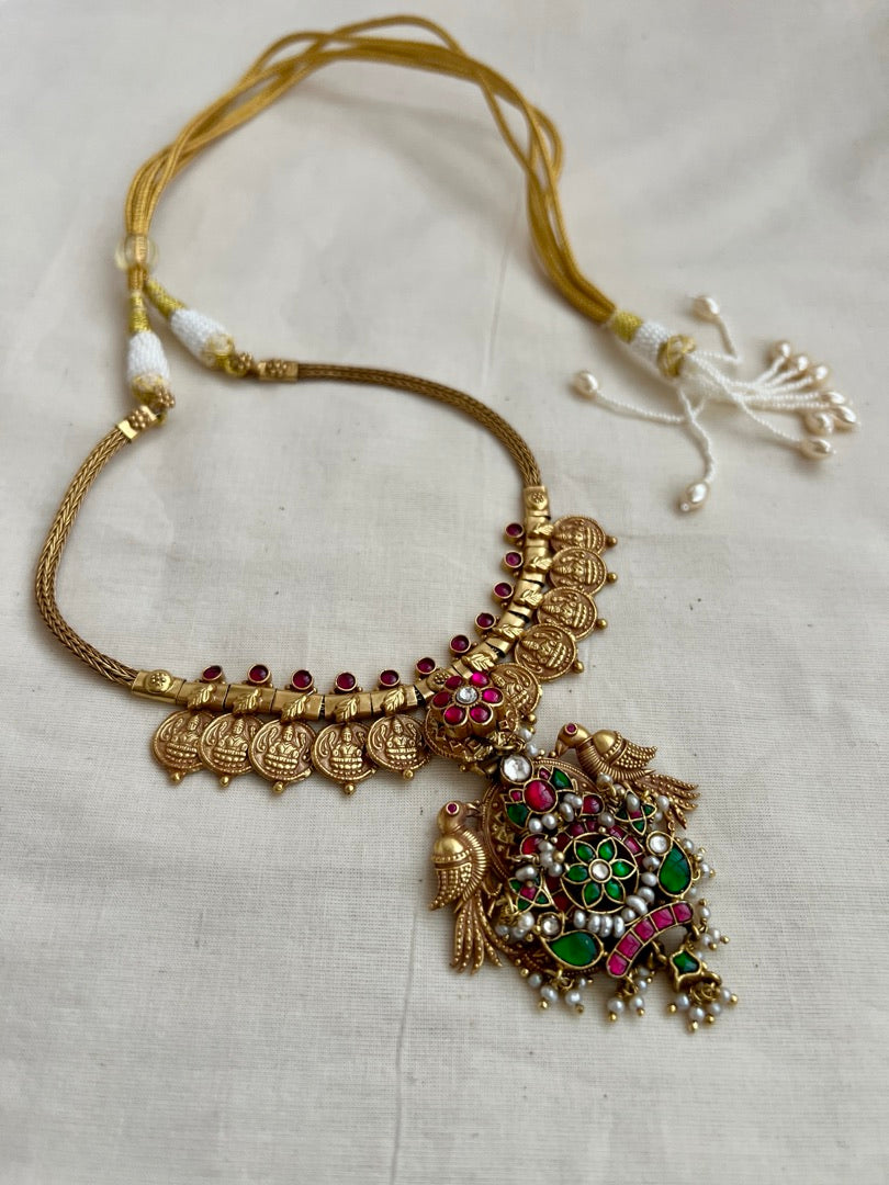 Gold polish kundan, ruby and emerald pendant with kasumala-Silver Neckpiece-CI-House of Taamara