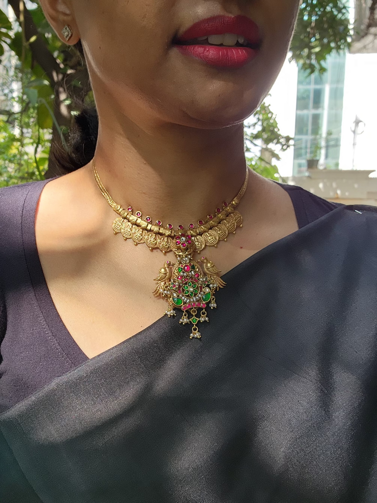Gold polish kundan, ruby and emerald pendant with kasumala-Silver Neckpiece-CI-House of Taamara