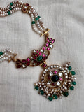 Gold polish kundan, ruby and emerald pendant with pearl chain (MADE TO ORDER)-Silver Neckpiece-CI-House of Taamara