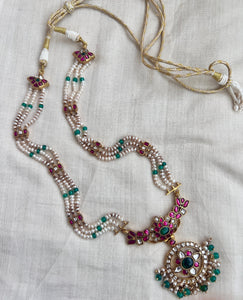 Gold polish kundan, ruby and emerald pendant with pearl chain (MADE TO ORDER)-Silver Neckpiece-CI-House of Taamara