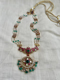 Gold polish kundan, ruby and emerald pendant with pearl chain-Silver Neckpiece-CI-House of Taamara
