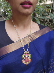 Gold polish kundan, ruby and emerald pendant with pearl chain-Silver Neckpiece-CI-House of Taamara