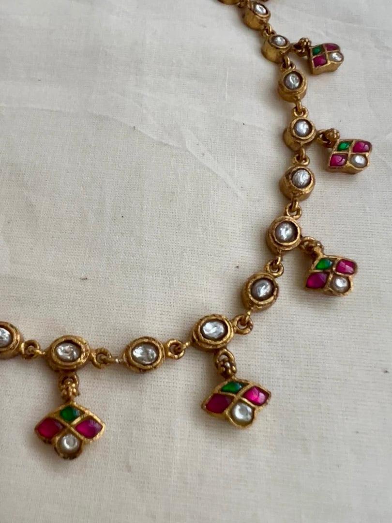 Gold polish kundan, ruby and emerald single line necklace-Silver Neckpiece-CI-House of Taamara