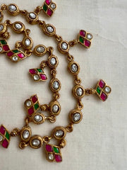 Gold polish kundan, ruby and emerald single line necklace-Silver Neckpiece-CI-House of Taamara