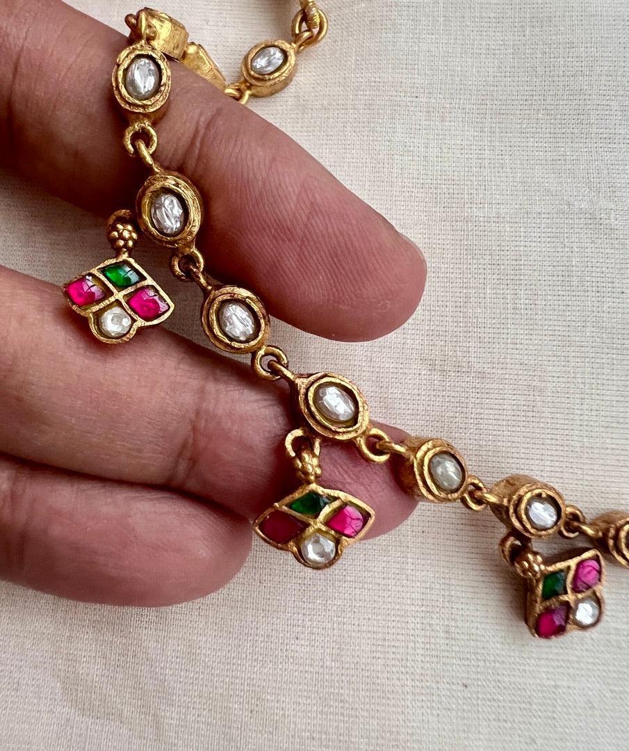 Gold polish kundan, ruby and emerald single line necklace-Silver Neckpiece-CI-House of Taamara