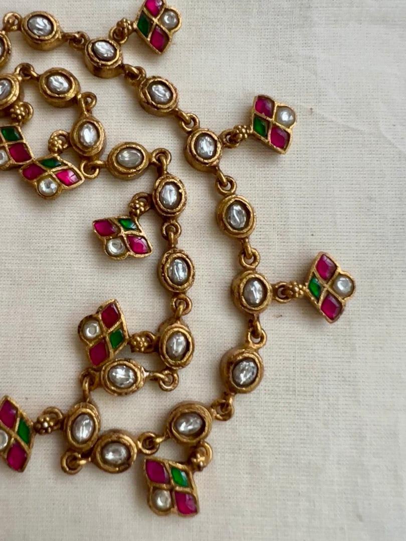 Gold polish kundan, ruby and emerald single line necklace-Silver Neckpiece-CI-House of Taamara