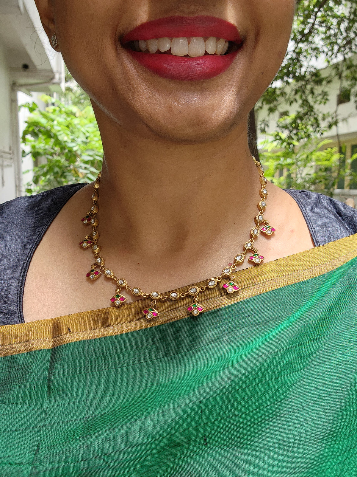 Gold polish kundan, ruby and emerald single line necklace-Silver Neckpiece-CI-House of Taamara