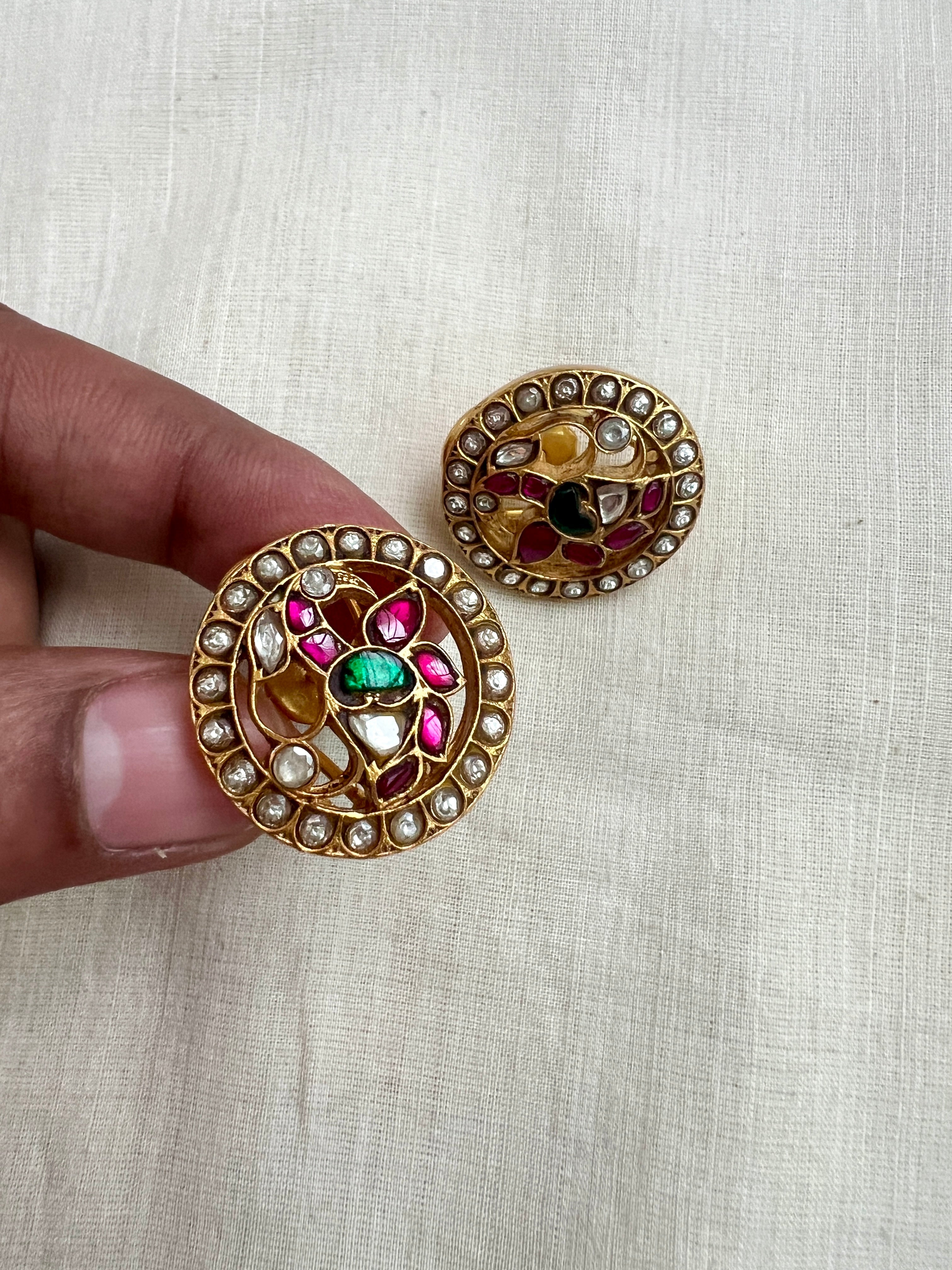 Gold polish kundan, ruby and emerald studs-Earrings-CI-House of Taamara