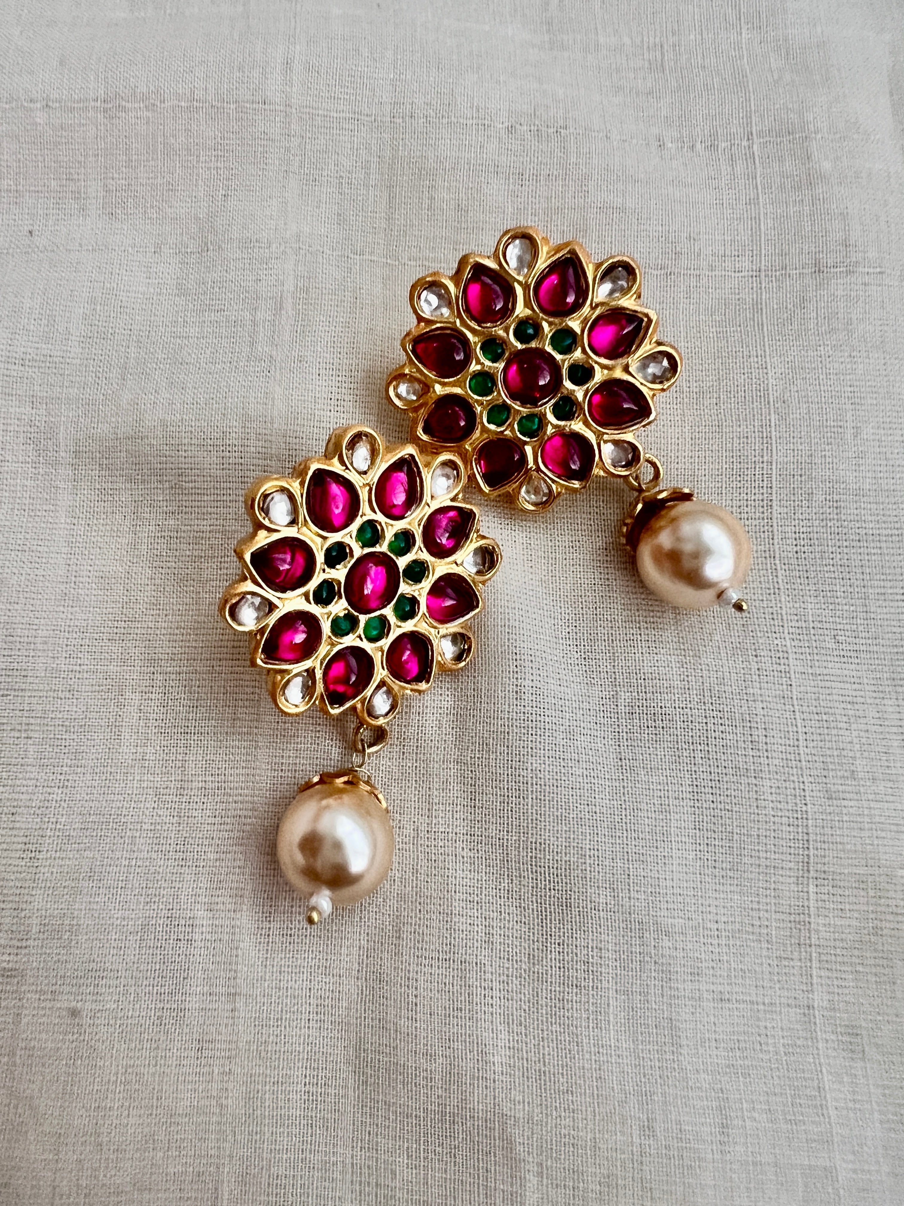 Gold polish kundan, ruby and emerald studs with pearls-Earrings-CI-House of Taamara