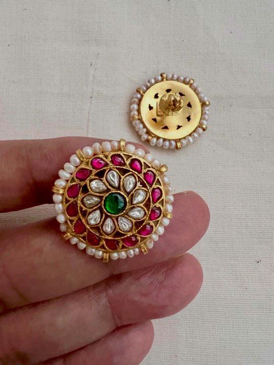 Gold polish kundan, ruby and emerald studs with pearls-Earrings-CI-House of Taamara