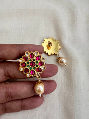 Gold polish kundan, ruby and emerald studs with pearls-Earrings-CI-House of Taamara