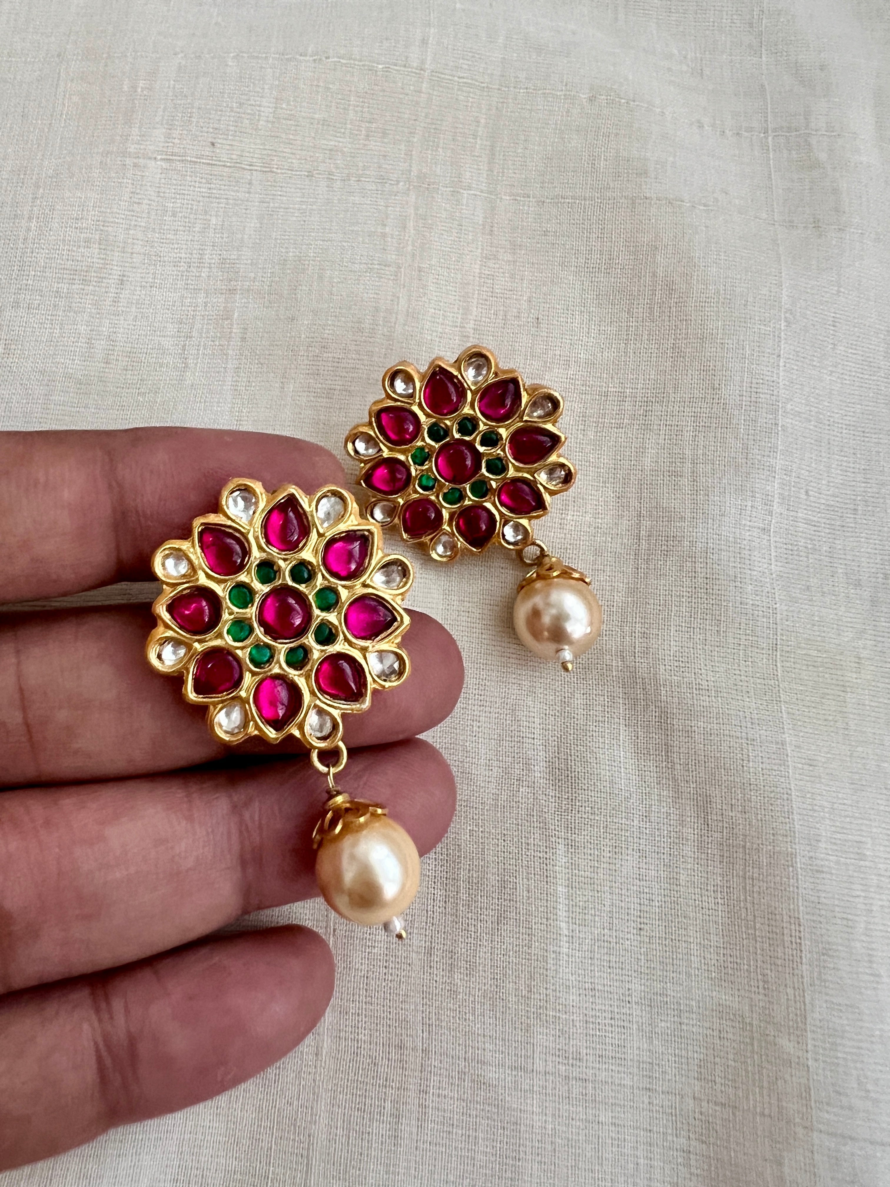 Gold polish kundan, ruby and emerald studs with pearls-Earrings-CI-House of Taamara