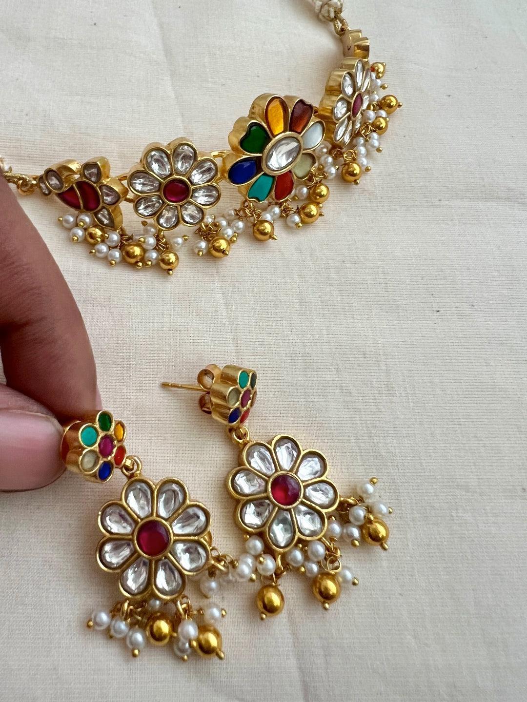 Gold polish kundan, ruby and navrathana choker with pearls, SET-Silver Neckpiece-CI-House of Taamara