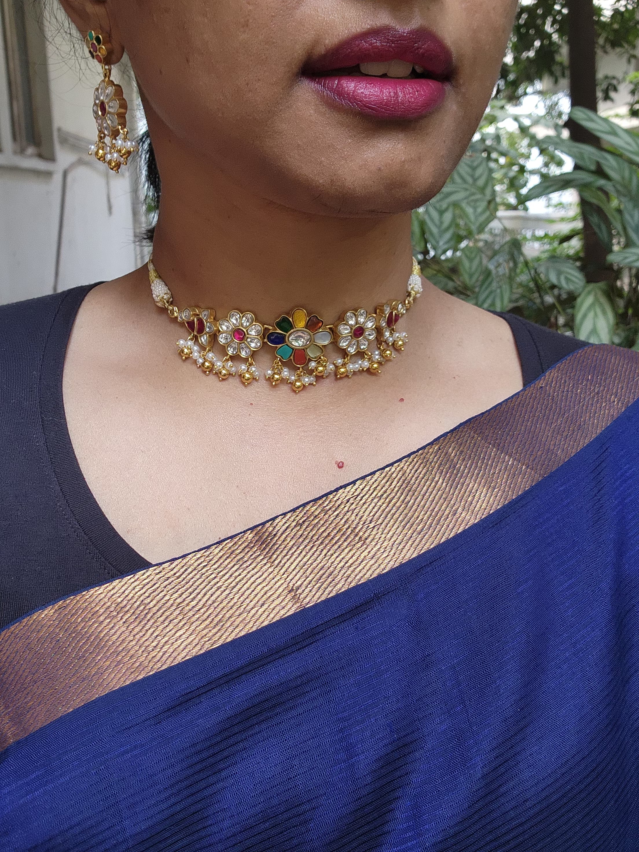 Gold polish kundan, ruby and navrathana choker with pearls, SET-Silver Neckpiece-CI-House of Taamara