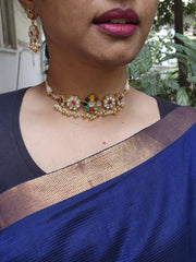 Gold polish kundan, ruby and navrathana choker with pearls, SET-Silver Neckpiece-CI-House of Taamara