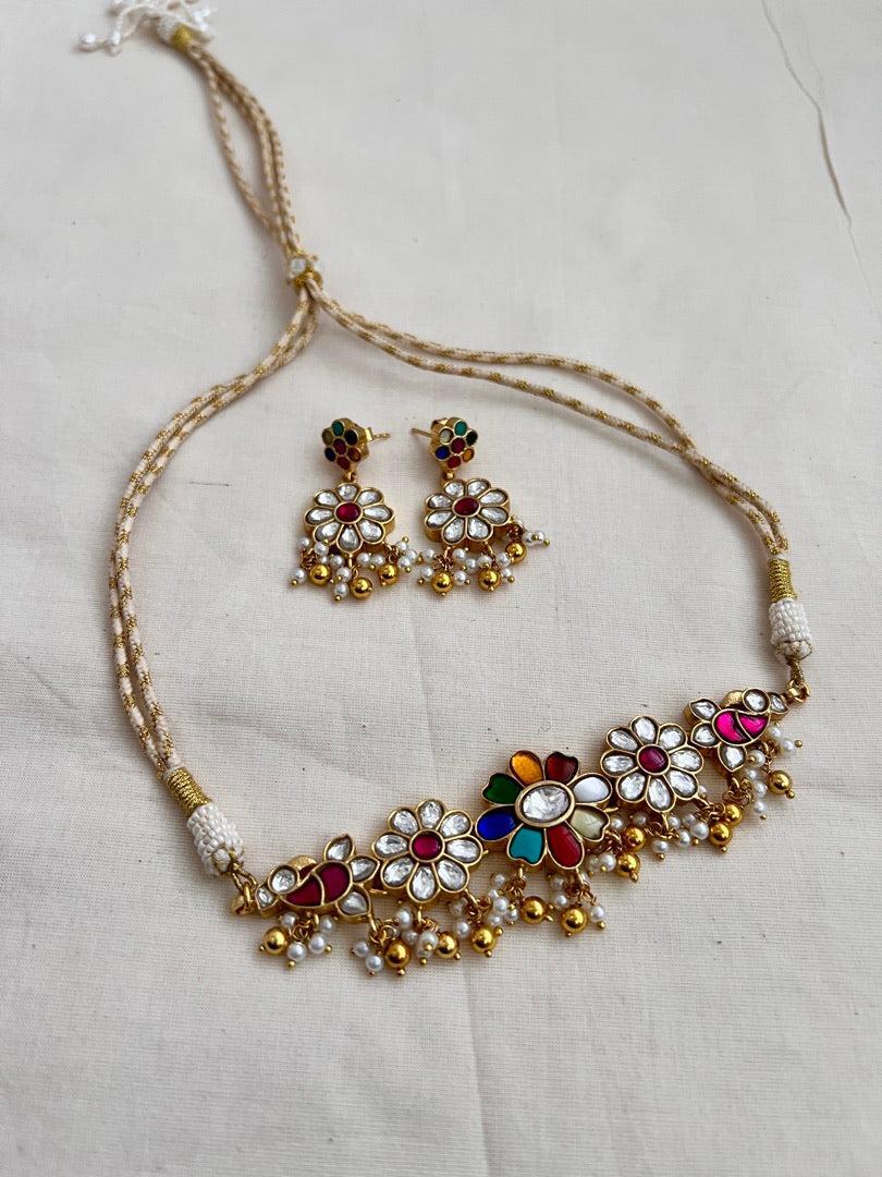 Gold polish kundan, ruby and navrathana choker with pearls, SET-Silver Neckpiece-CI-House of Taamara