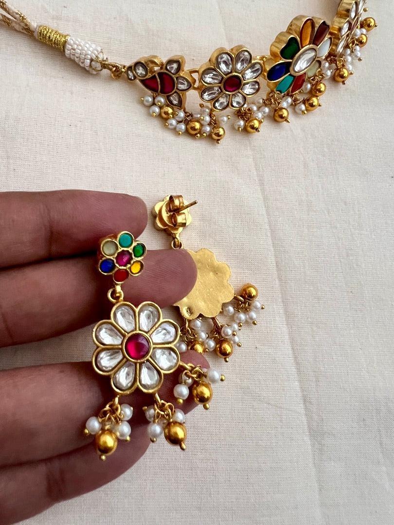 Gold polish kundan, ruby and navrathana choker with pearls, SET-Silver Neckpiece-CI-House of Taamara