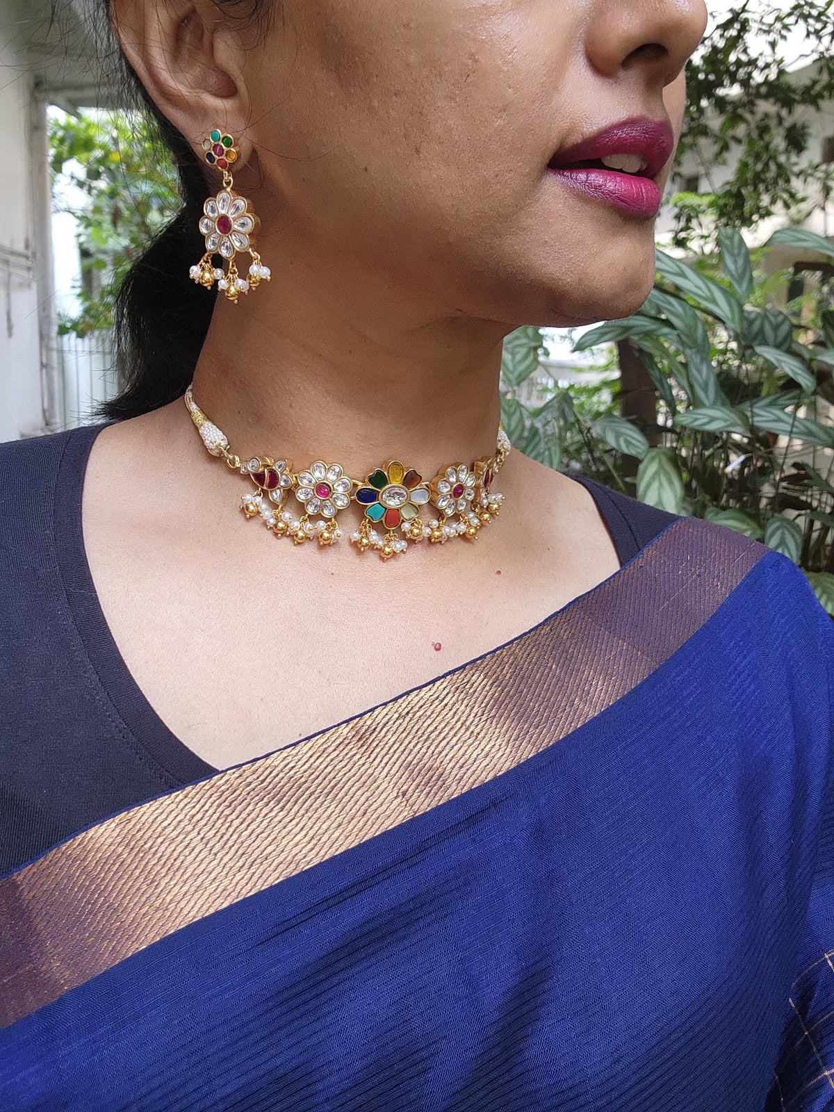Gold polish kundan, ruby and navrathana choker with pearls, SET-Silver Neckpiece-CI-House of Taamara