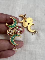 Gold polish kundan, ruby and turquoise earrings with pearls-Earrings-CI-House of Taamara