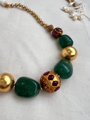 Gold polish kundan & ruby ball chain with green onyx beads-Silver Neckpiece-CI-House of Taamara