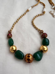 Gold polish kundan & ruby ball chain with green onyx beads-Silver Neckpiece-CI-House of Taamara