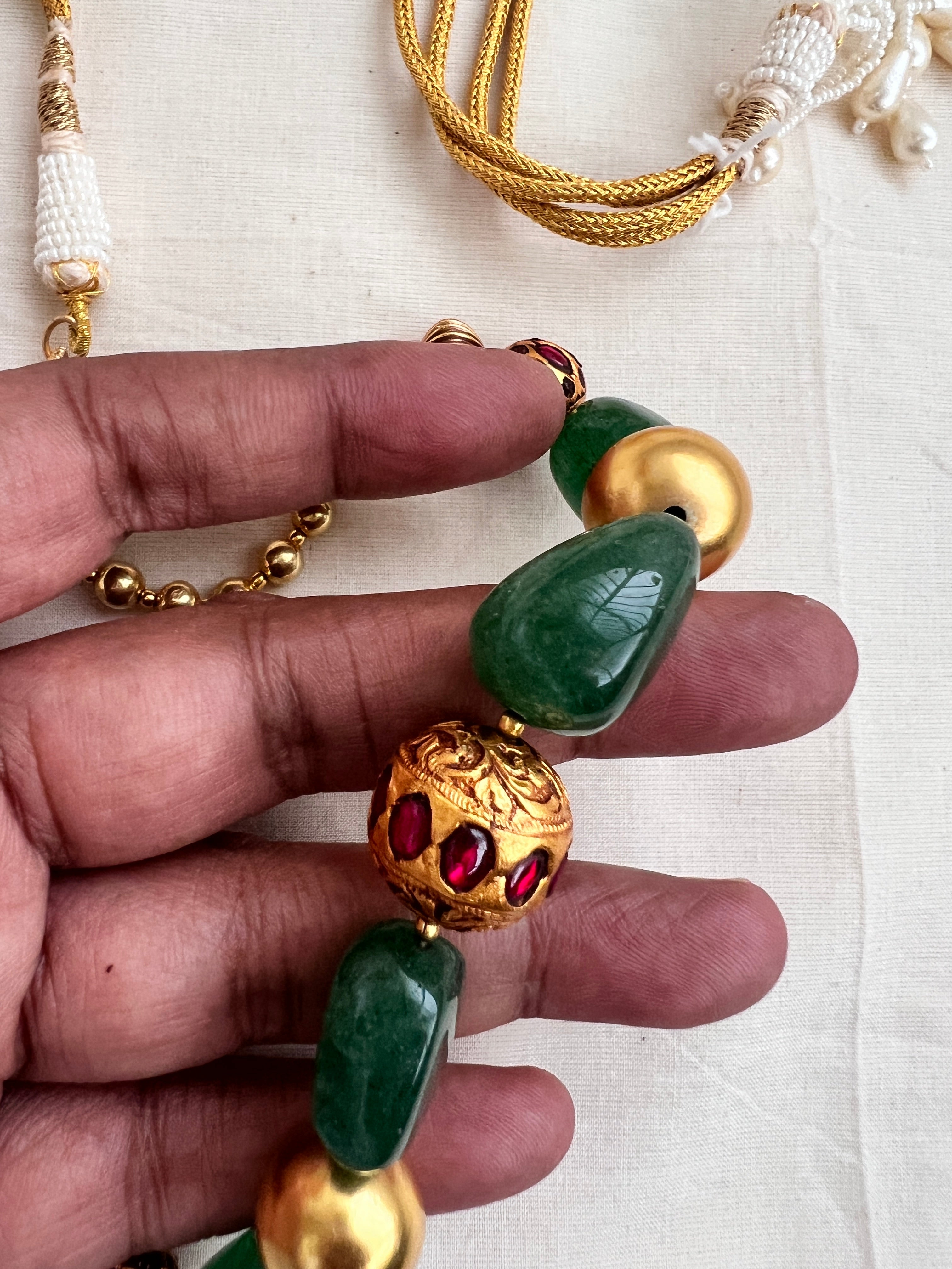 Gold polish kundan & ruby ball chain with green onyx beads-Silver Neckpiece-CI-House of Taamara