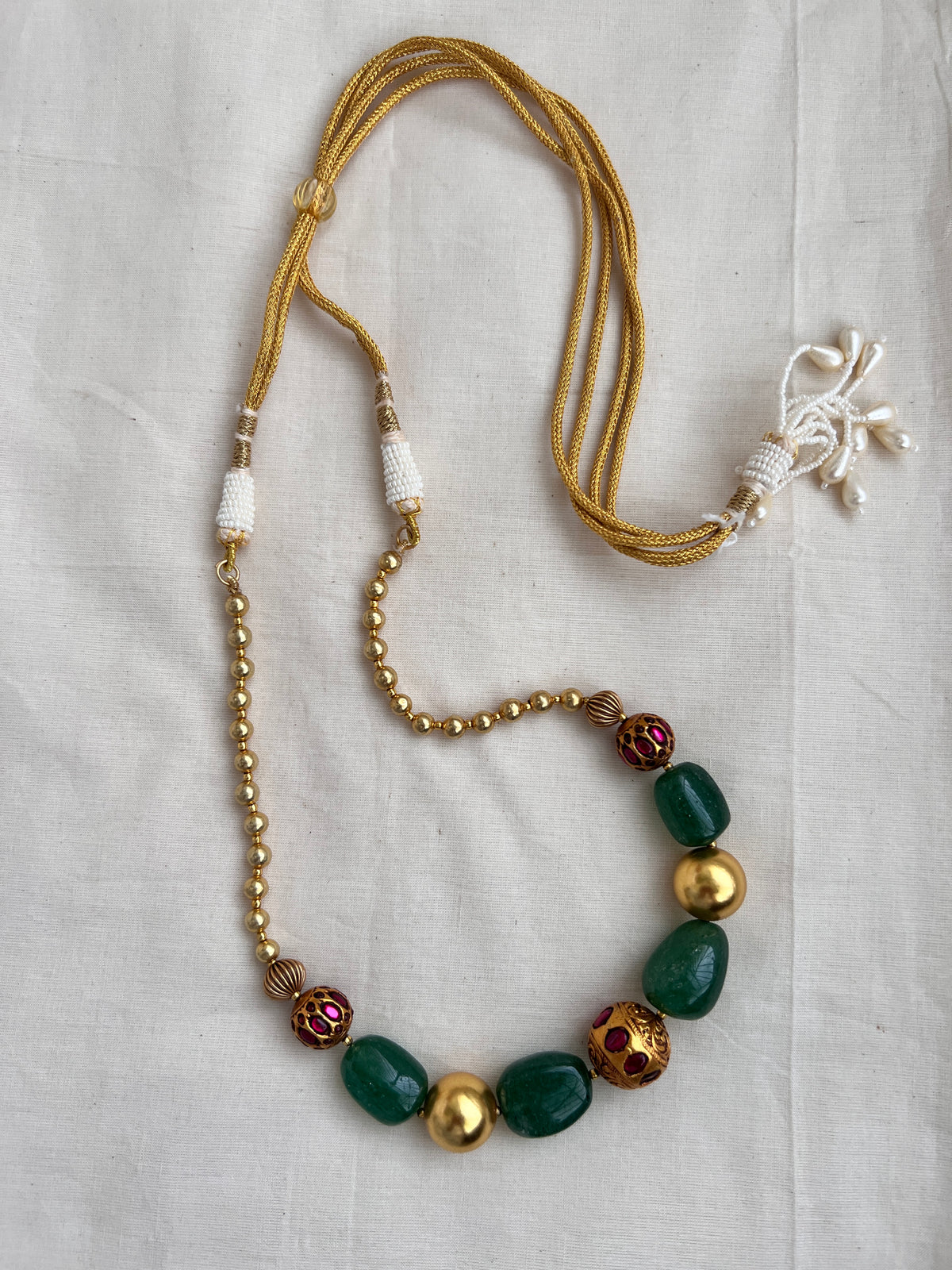 Gold polish kundan & ruby ball chain with green onyx beads-Silver Neckpiece-CI-House of Taamara