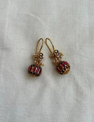 Gold polish kundan & ruby ball hook earrings with pearls-Earrings-CI-House of Taamara