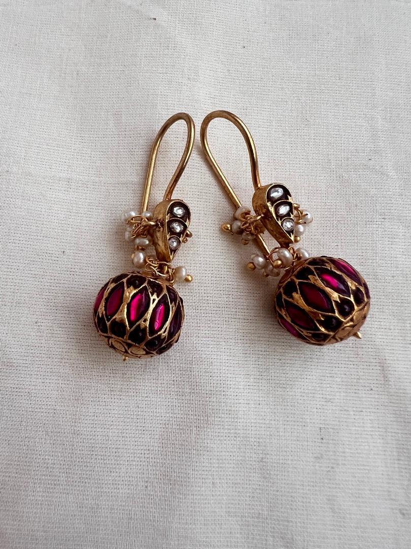 Gold polish kundan & ruby ball hook earrings with pearls-Earrings-CI-House of Taamara