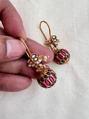 Gold polish kundan & ruby ball hook earrings with pearls-Earrings-CI-House of Taamara