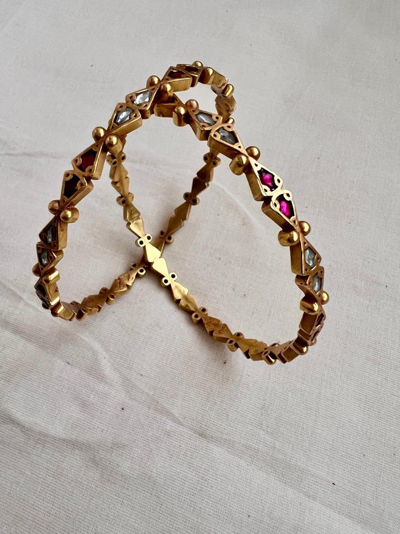 Gold polish kundan & ruby bangles, 2.7, PAIR-Silver Bracelet-CI-House of Taamara