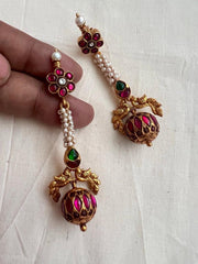 Gold polish kundan & ruby bead earrings with pearls-Earrings-CI-House of Taamara