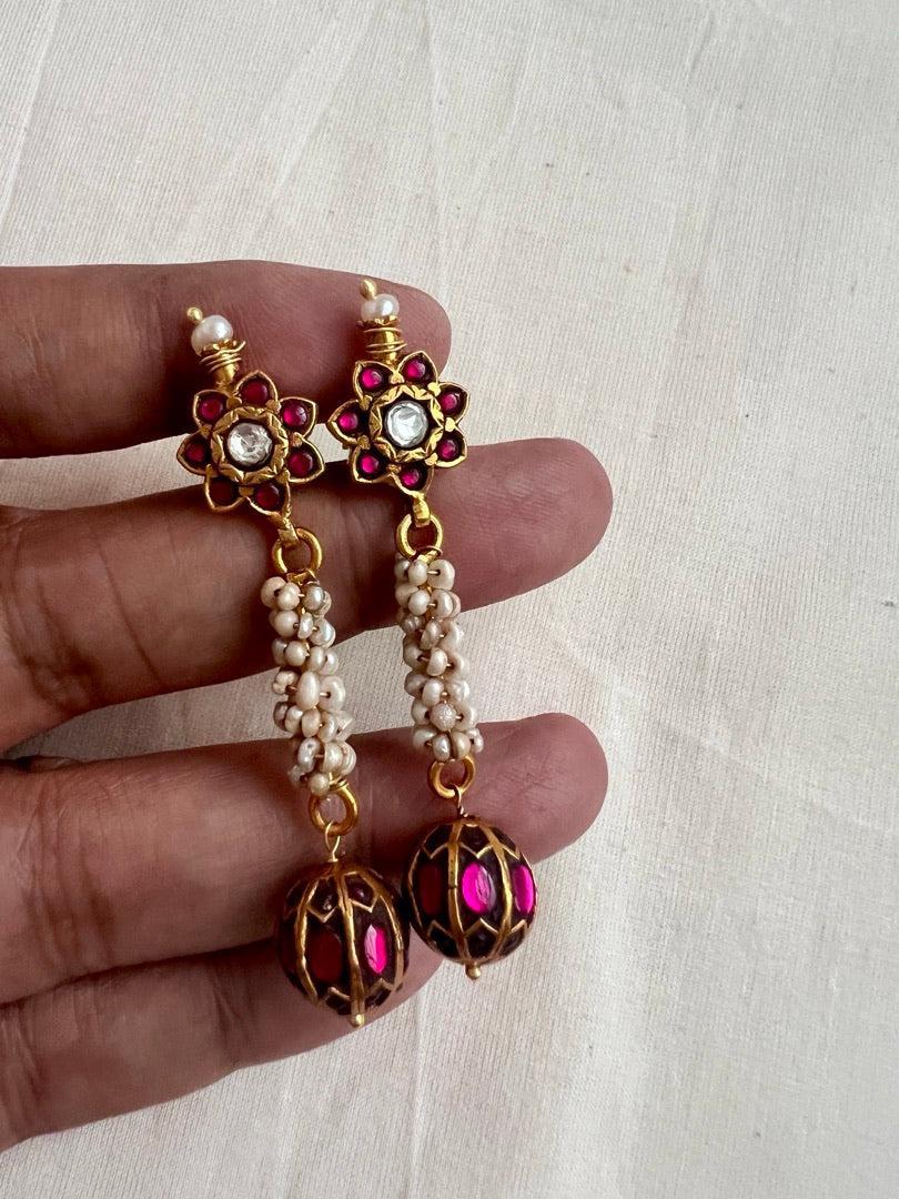 Gold polish kundan & ruby bead earrings with pearls-Earrings-CI-House of Taamara