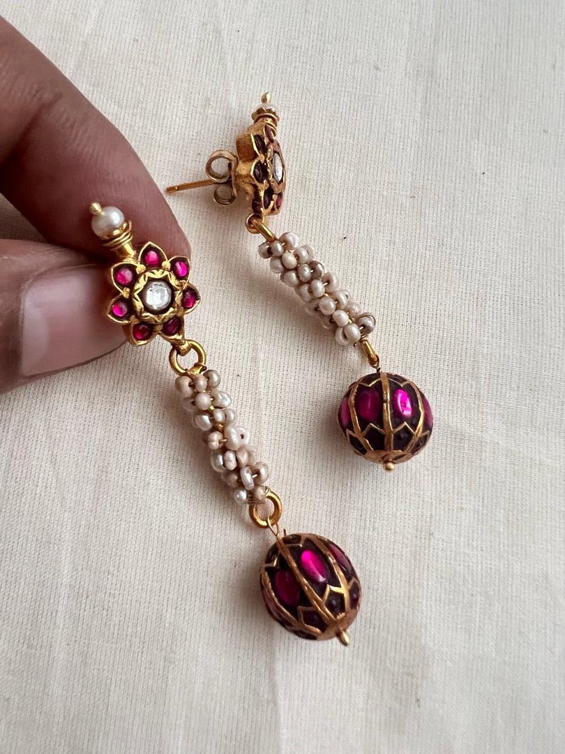 Gold polish kundan & ruby bead earrings with pearls-Earrings-CI-House of Taamara