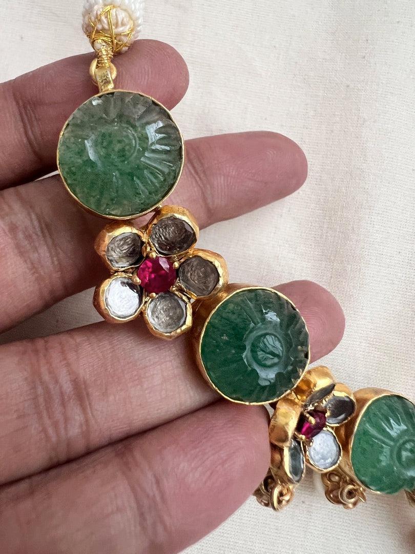 Gold polish kundan, ruby & carved green onyx stone necklace with pearls-Silver Neckpiece-CI-House of Taamara