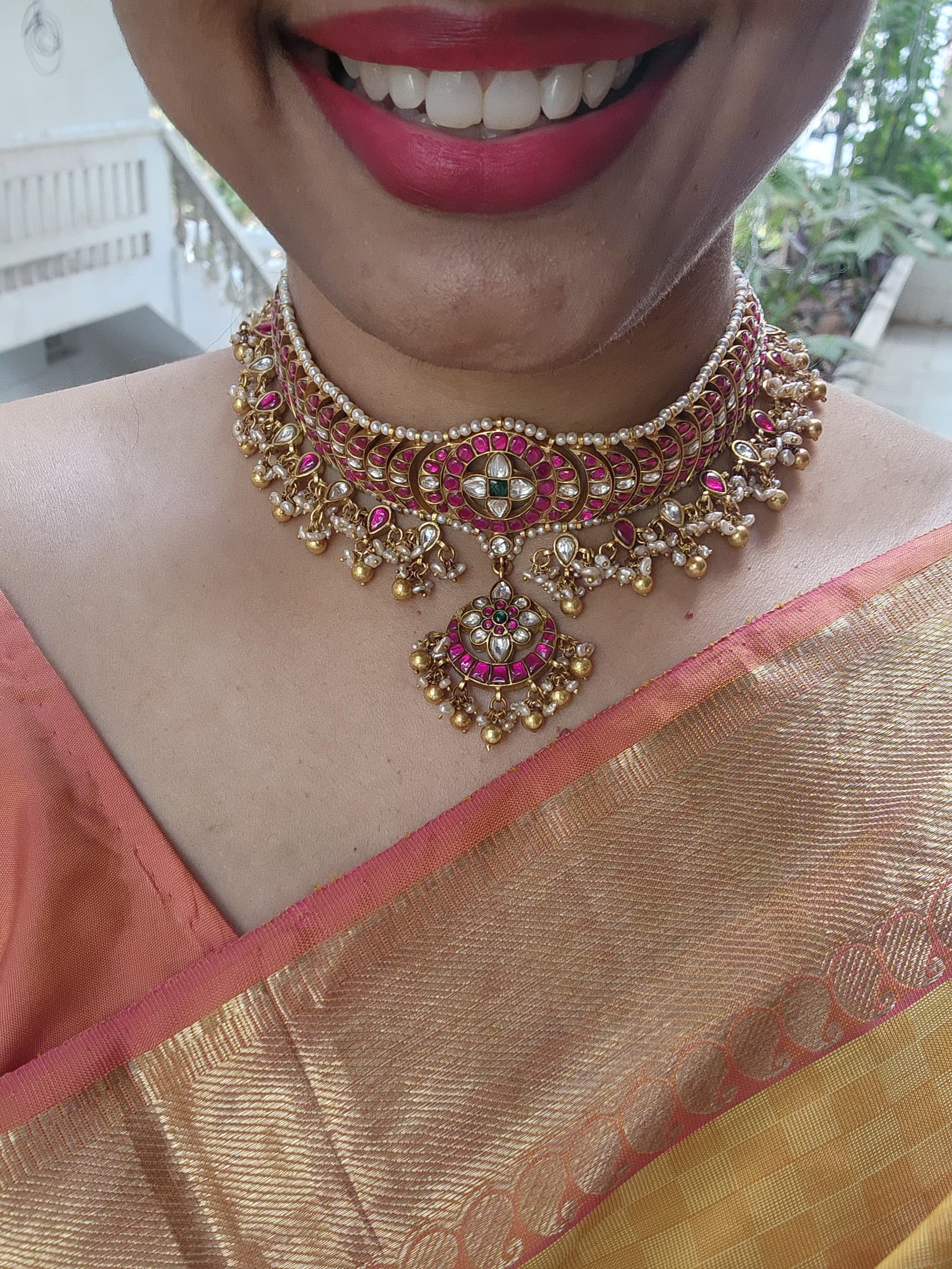 Gold polish kundan & ruby choker with pearls and gold beads (Made To Order)-Silver Neckpiece-CI-House of Taamara