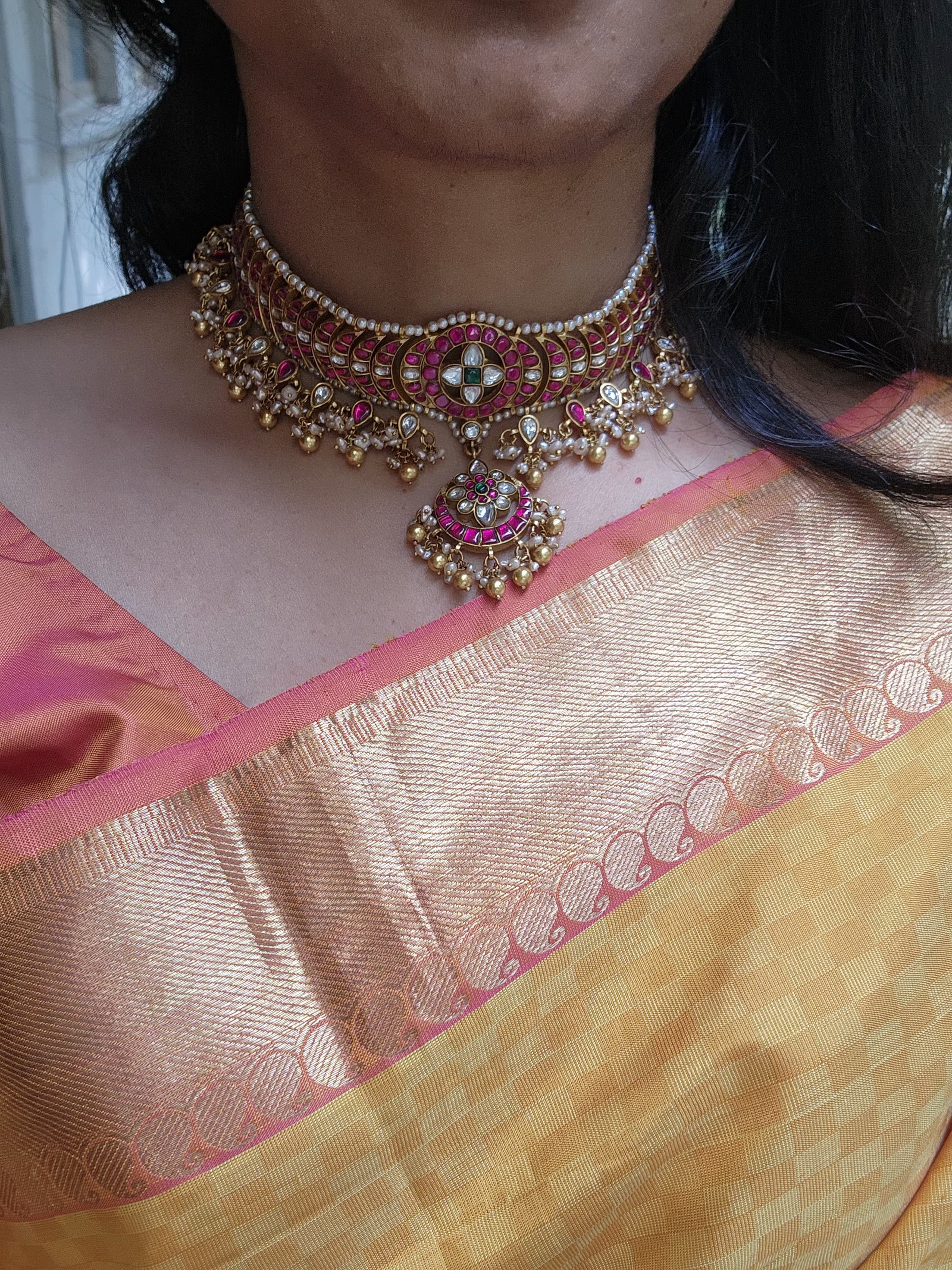 Gold polish kundan & ruby choker with pearls and gold beads (Made To Order)-Silver Neckpiece-CI-House of Taamara