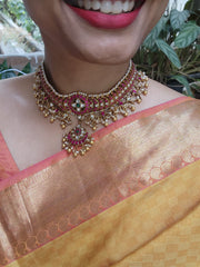 Gold polish kundan & ruby choker with pearls and gold beads (Made To Order)-Silver Neckpiece-CI-House of Taamara