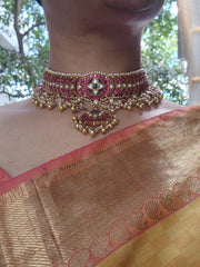 Gold polish kundan & ruby choker with pearls and gold beads (Made To Order)-Silver Neckpiece-CI-House of Taamara