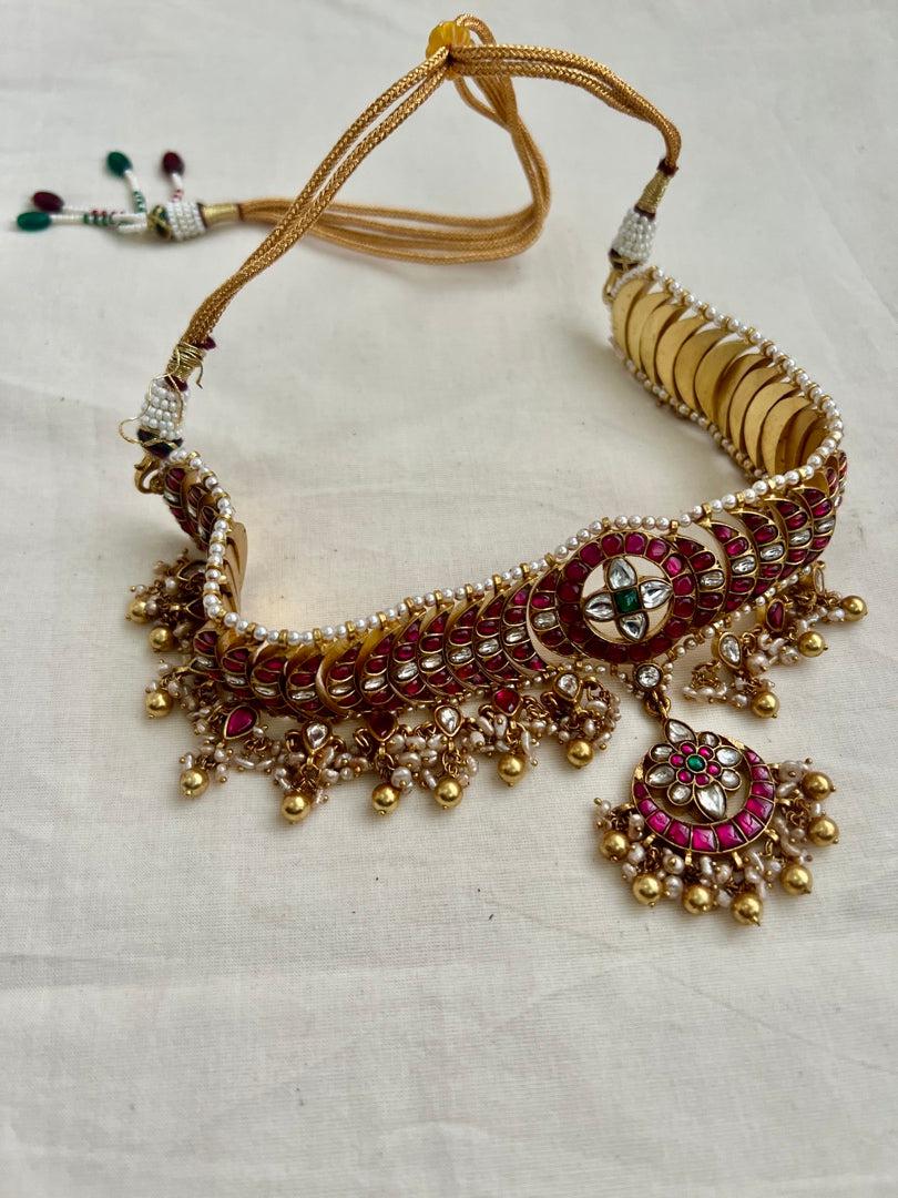 Gold polish kundan & ruby choker with pearls and gold beads (Made To Order)-Silver Neckpiece-CI-House of Taamara