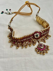 Gold polish kundan & ruby choker with pearls and gold beads (Made To Order)-Silver Neckpiece-CI-House of Taamara