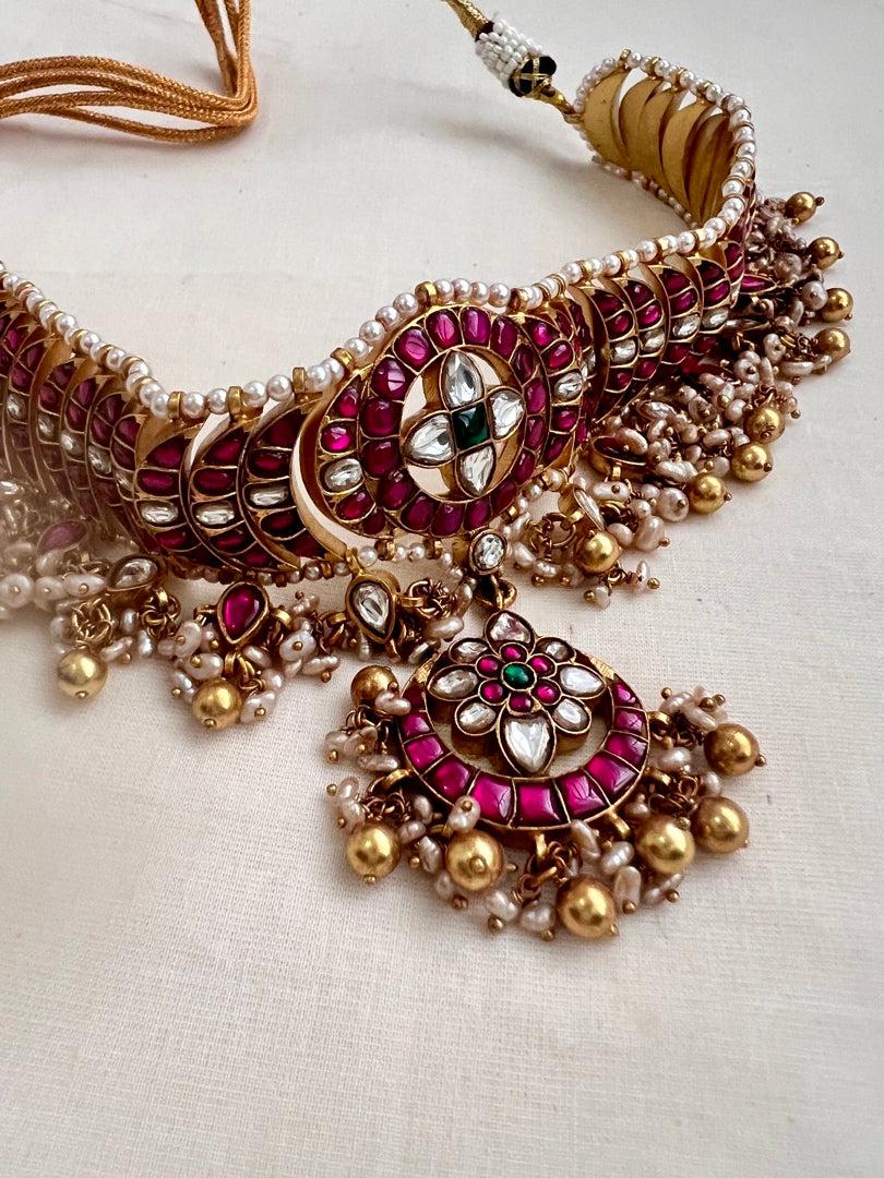 Gold polish kundan & ruby choker with pearls and gold beads (Made To Order)-Silver Neckpiece-CI-House of Taamara