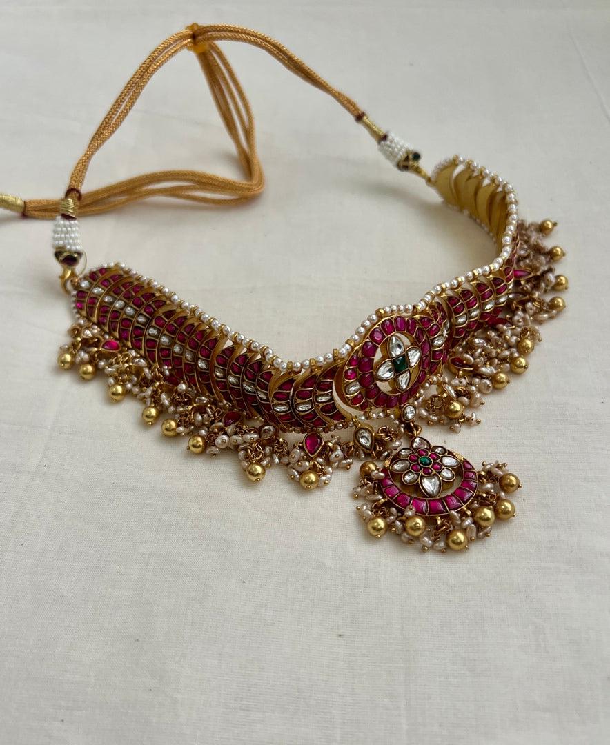 Gold polish kundan & ruby choker with pearls and gold beads (Made To Order)-Silver Neckpiece-CI-House of Taamara