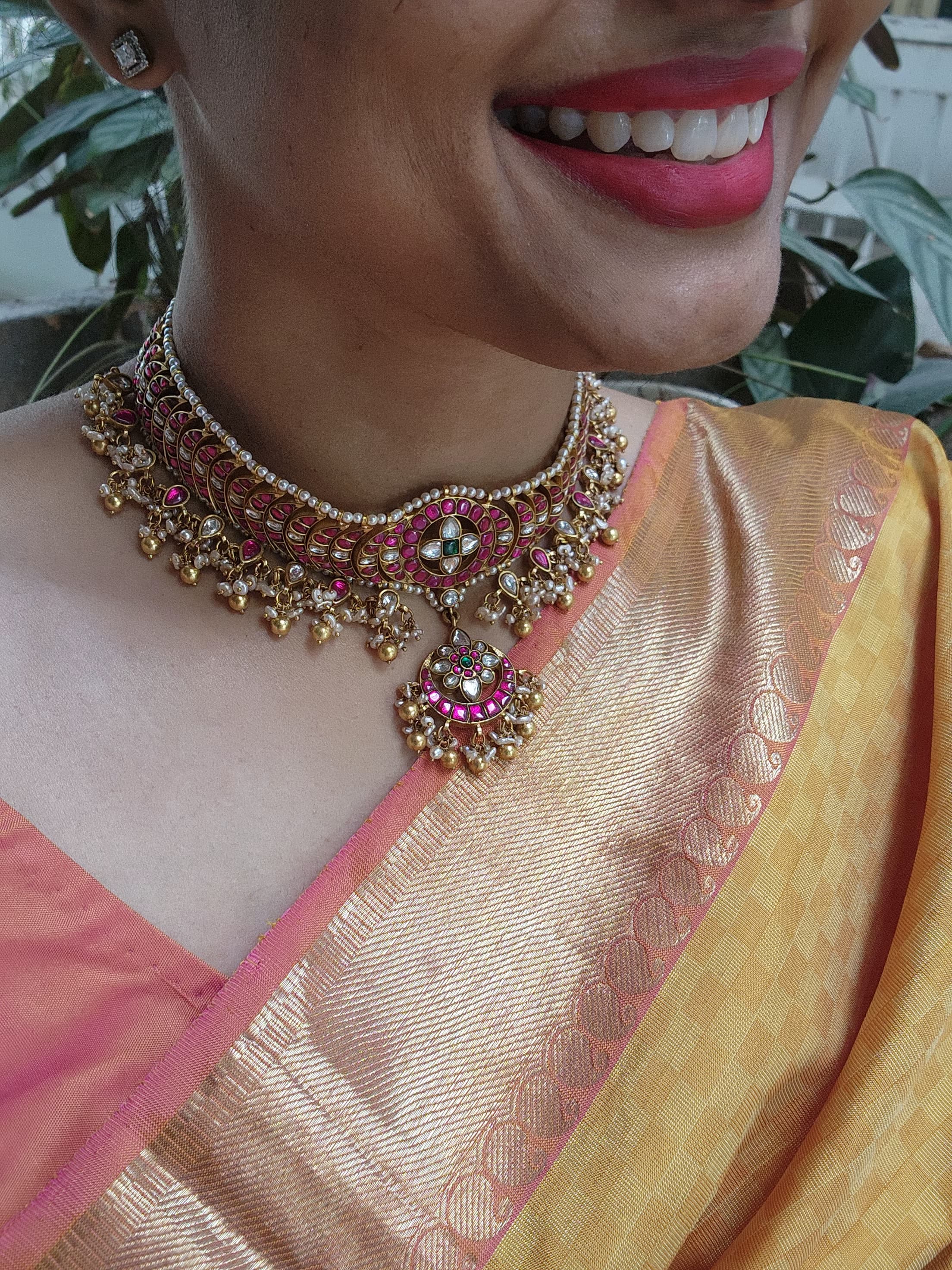 Gold polish kundan & ruby choker with pearls and gold beads (Made To Order)-Silver Neckpiece-CI-House of Taamara