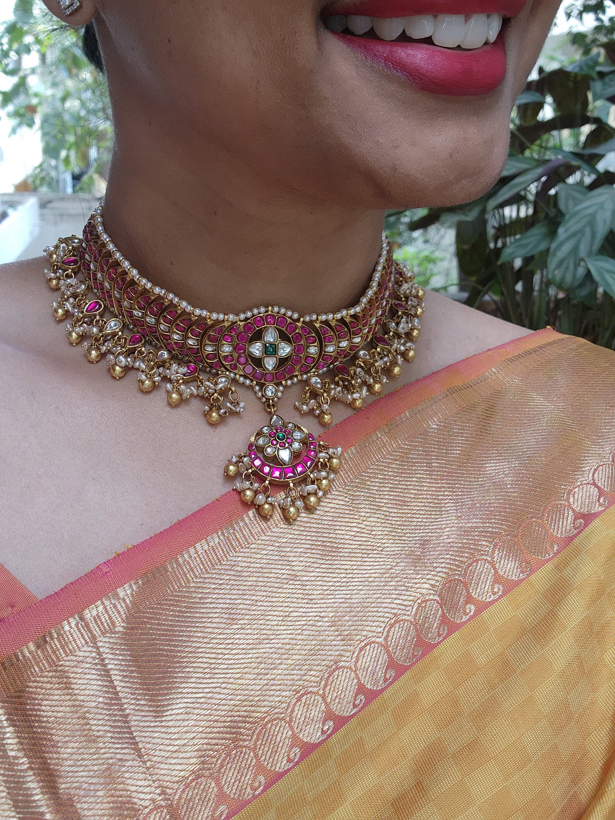 Gold polish kundan & ruby choker with pearls and gold beads (Made To Order)-Silver Neckpiece-CI-House of Taamara