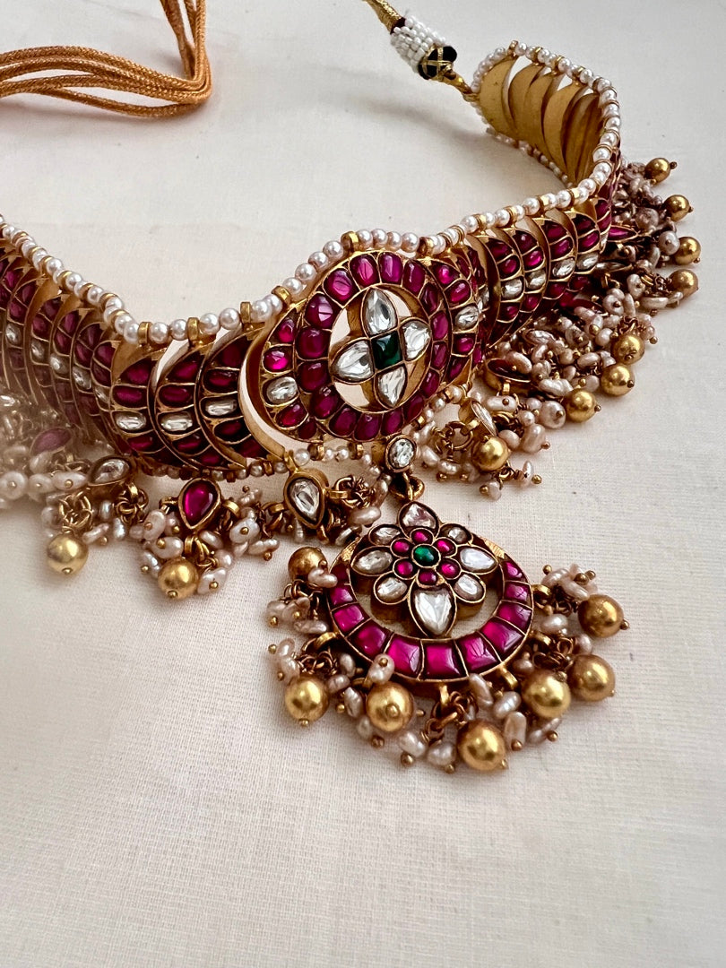 Gold polish kundan & ruby choker with pearls and gold beads-Silver Neckpiece-CI-House of Taamara