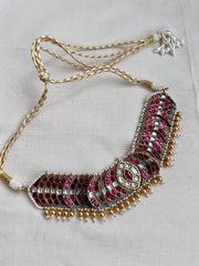 Gold polish kundan & ruby choker with pearls and gold beads-Silver Neckpiece-CI-House of Taamara